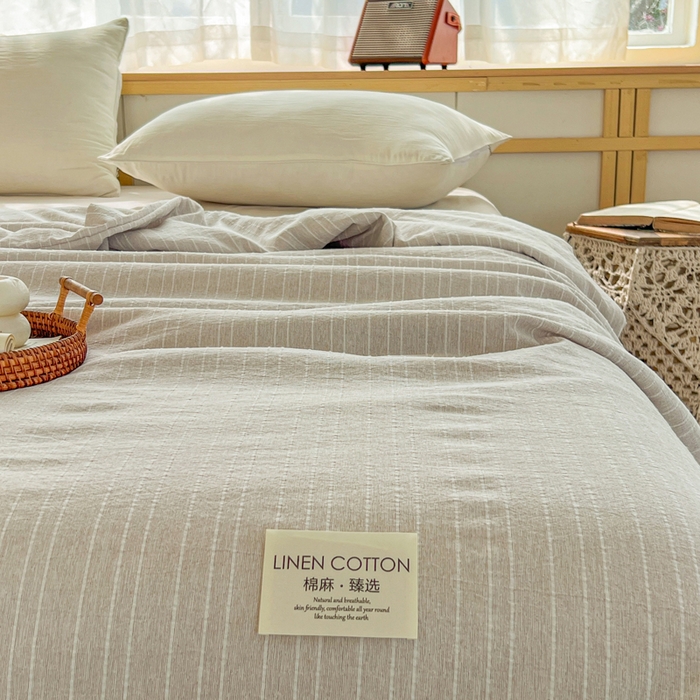 91家纺网 家纺一手货源 找家纺 库里梦家纺 2026春夏新款色织提花棉麻夏被夏凉被空调被四件套 贴标款条纹-香槟