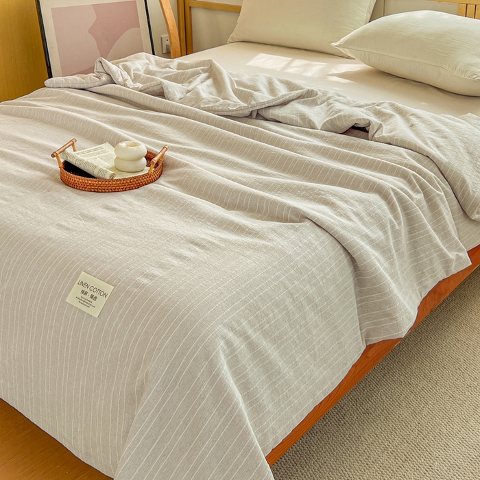 91家纺网 家纺一手货源 找家纺 库里梦家纺 2026春夏新款色织提花棉麻夏被夏凉被空调被四件套 贴标款条纹-香槟