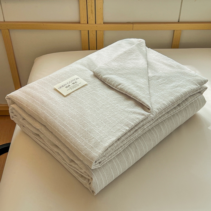 91家纺网 家纺一手货源 找家纺 库里梦家纺 2026春夏新款色织提花棉麻夏被夏凉被空调被四件套 贴标款条纹-香槟