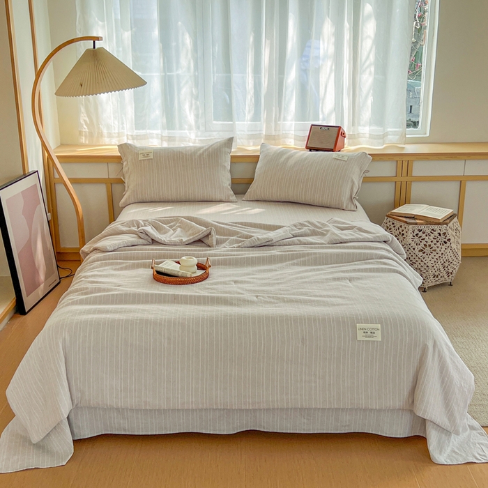 91家纺网 家纺一手货源 找家纺 库里梦家纺 2026春夏新款色织提花棉麻夏被夏凉被空调被四件套 贴标款条纹-香槟