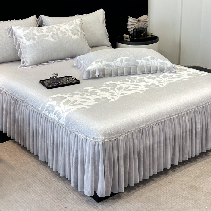 诺梵家纺 2026新款冰豆豆PE高分子凉感印花床裙款凉席三件套【控价1.5米139 ；1.8米149；2.0米159】 小蛮腰灰