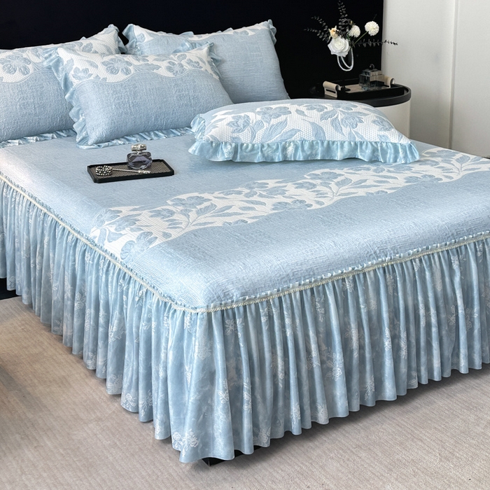 诺梵家纺 2026新款冰豆豆PE高分子凉感印花床裙款凉席三件套【控价1.5米139 ；1.8米149；2.0米159】 小蛮腰-蓝