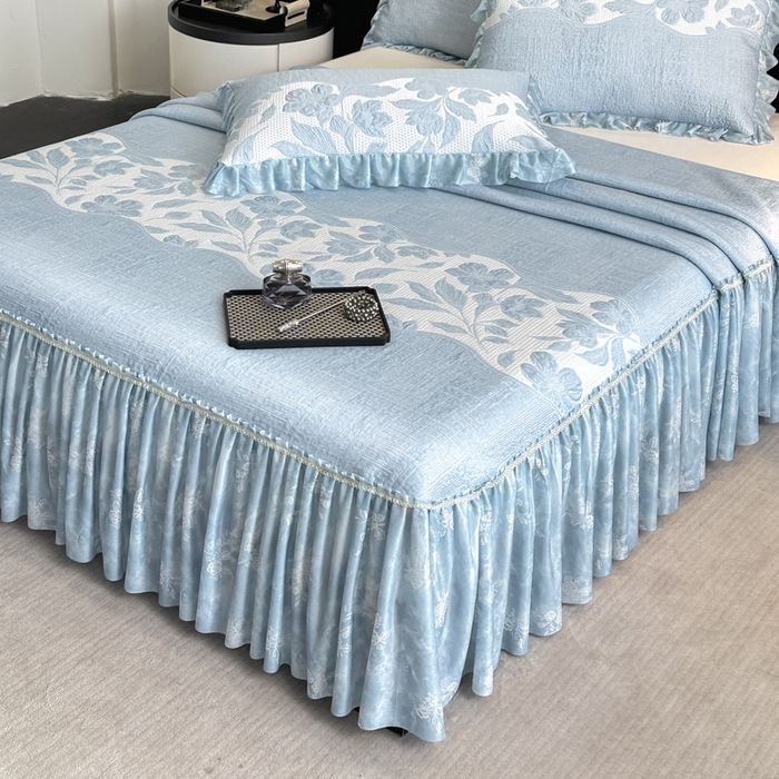 91家纺网 家纺一手货源 找家纺 诺梵家纺 2026新款冰豆豆PE高分子凉感印花床裙款凉席三件套【控价1.5米139 ；1.8米149；2.0米159】 小蛮腰-蓝