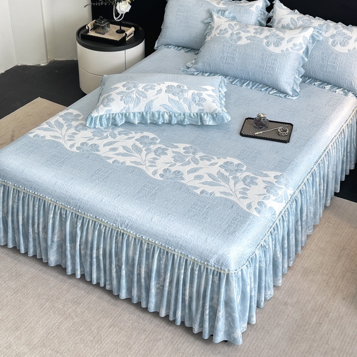 91家纺网 家纺一手货源 找家纺 诺梵家纺 2026新款冰豆豆PE高分子凉感印花床裙款凉席三件套【控价1.5米139 ；1.8米149；2.0米159】 小蛮腰-蓝