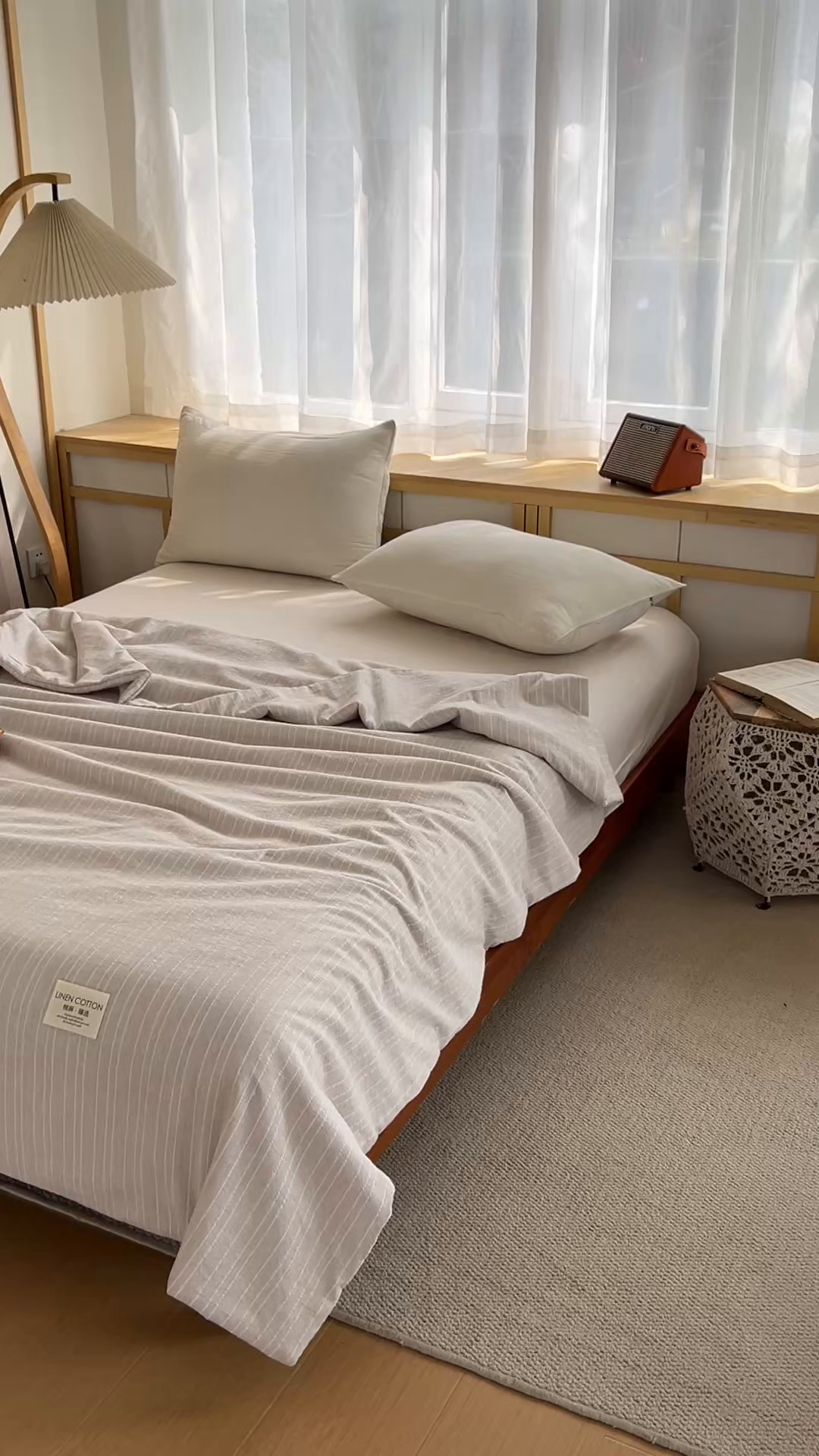 91家纺网 家纺一手货源 找家纺 库里梦家纺 2026春夏新款色织提花棉麻夏被夏凉被空调被四件套 贴标款条纹-香槟