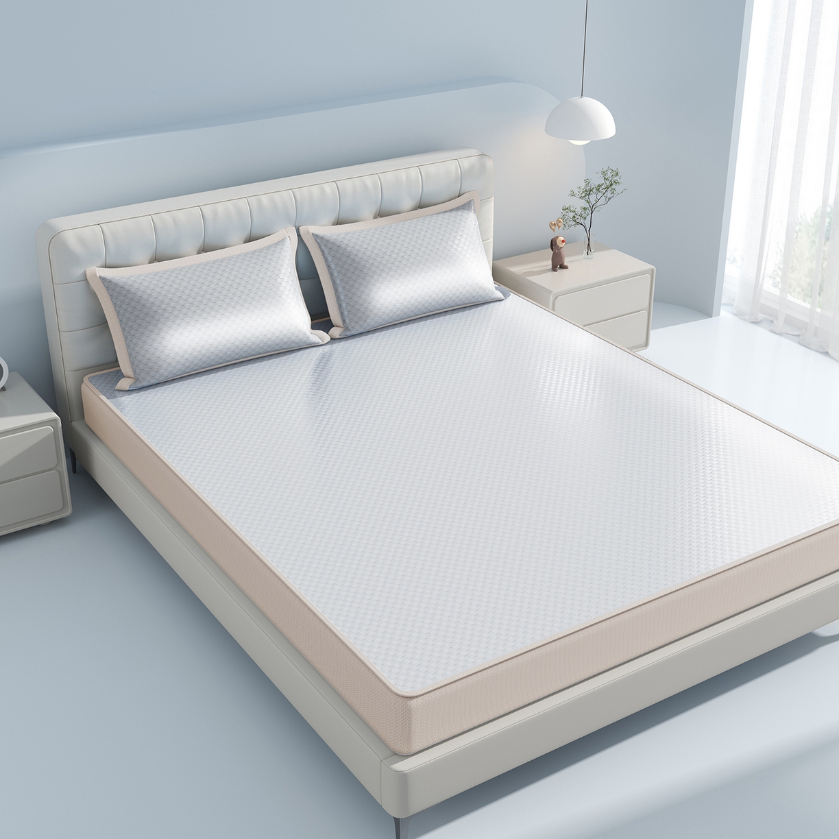 91家纺网 家纺一手货源 找家纺 曼陀罗 2026新款海洋丝凉感冰咖方格凉席-床笠款 冰川灰