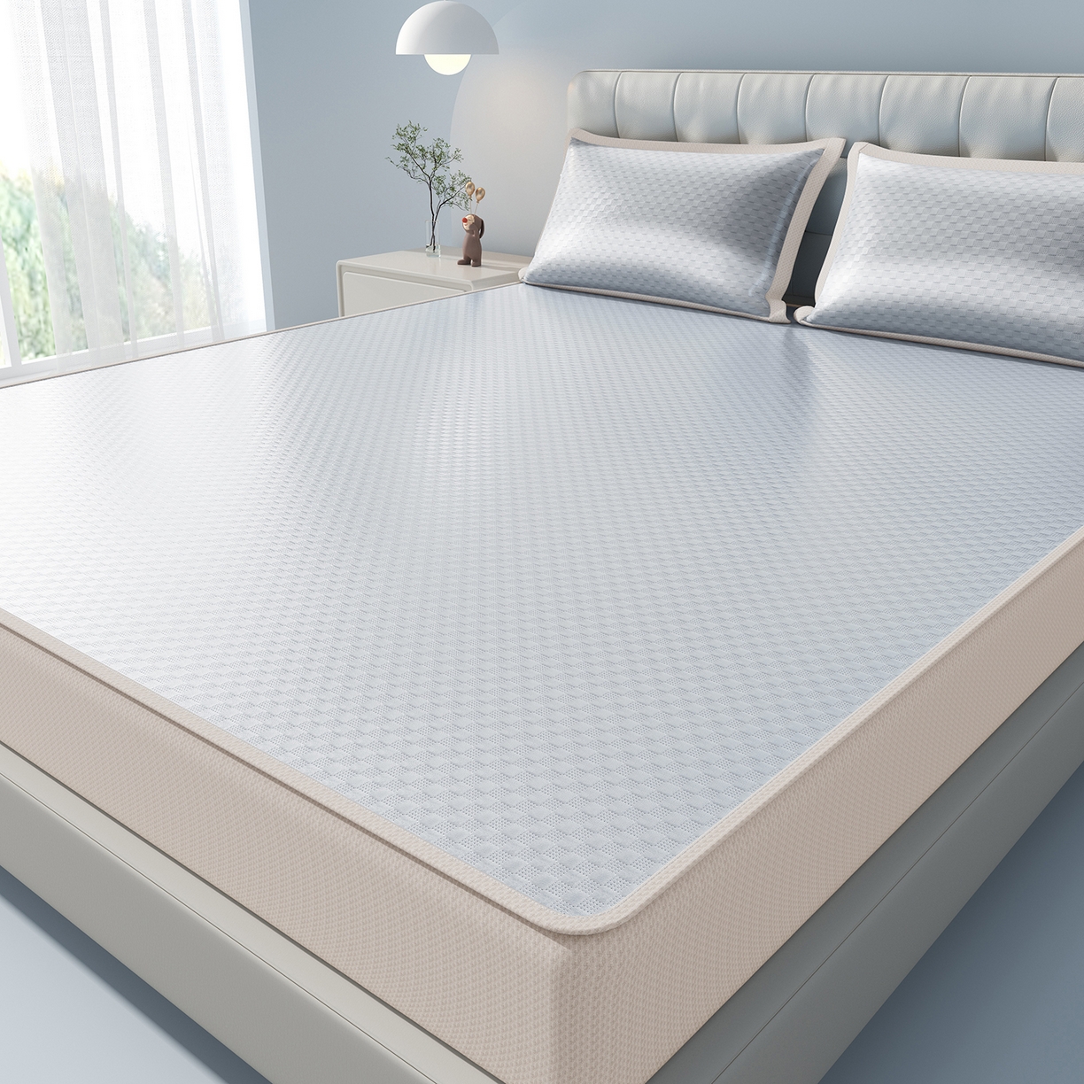 91家纺网 家纺一手货源 找家纺 曼陀罗 2026新款海洋丝凉感冰咖方格凉席-床笠款 冰川灰