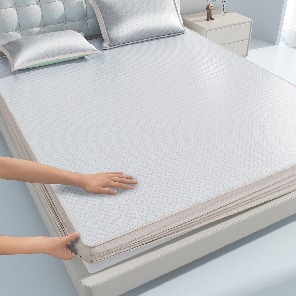 91家纺网 家纺一手货源 找家纺 曼陀罗 2026新款海洋丝凉感冰咖方格凉席-床笠款 冰川灰