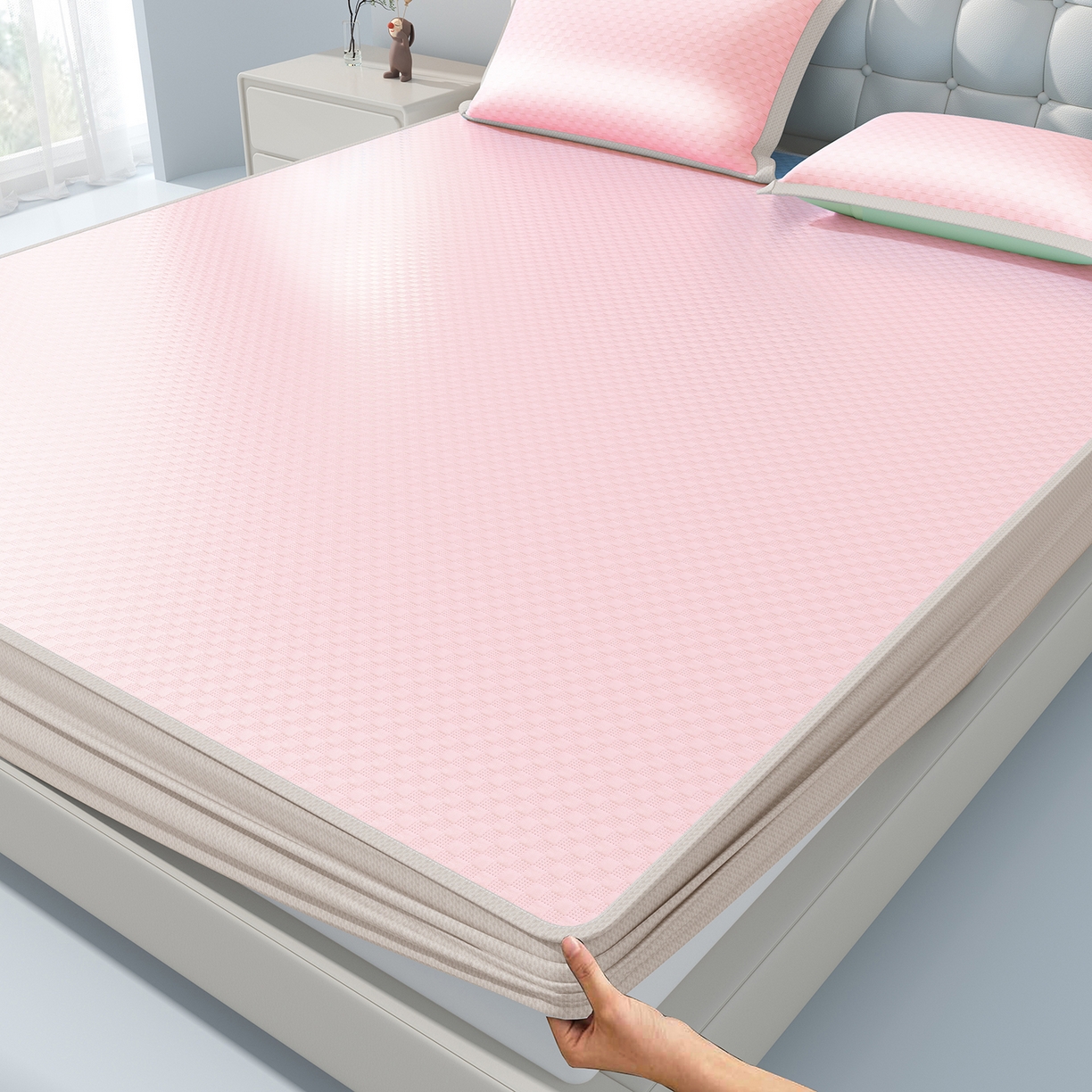 91家纺网 家纺一手货源 找家纺 曼陀罗 2026新款海洋丝凉感冰咖方格凉席-床笠款 粉黛玉