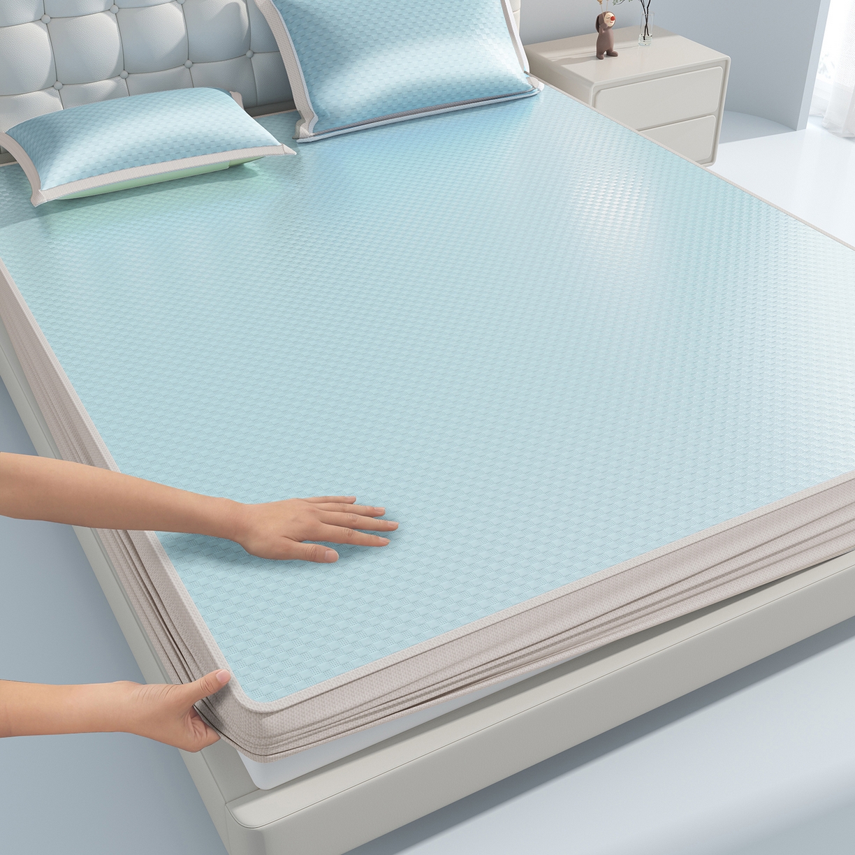 91家纺网 家纺一手货源 找家纺 （总）曼陀罗 2026新款海洋丝凉感冰咖方格凉席-床笠款