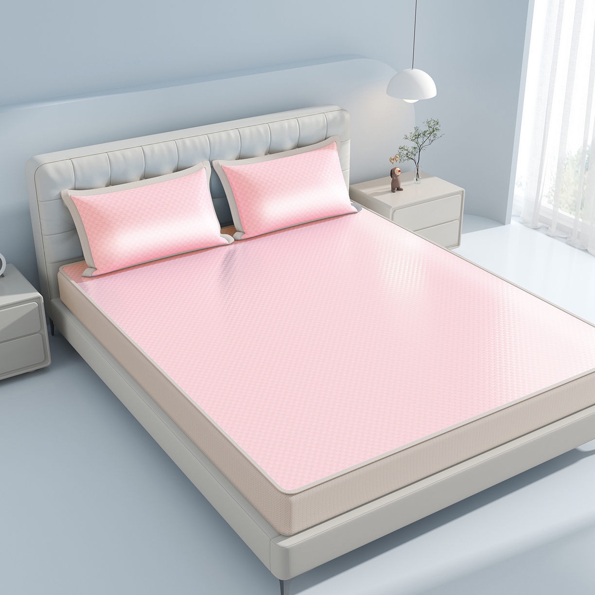 91家纺网 家纺一手货源 找家纺 曼陀罗 2026新款海洋丝凉感冰咖方格凉席-床笠款 粉黛玉