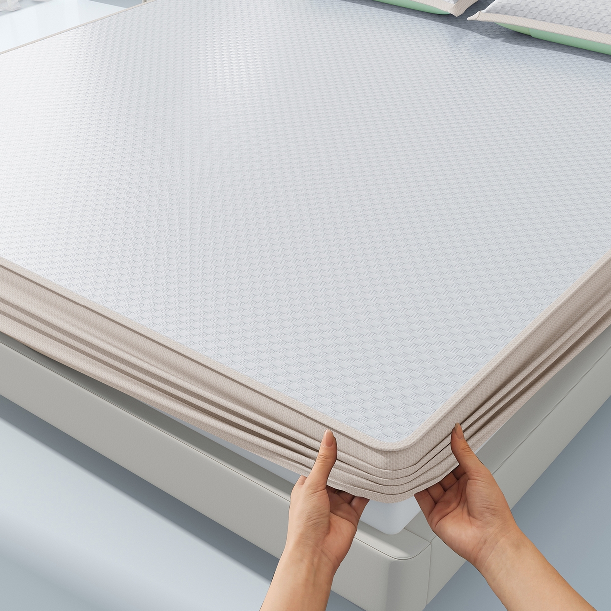 91家纺网 家纺一手货源 找家纺 曼陀罗 2026新款海洋丝凉感冰咖方格凉席-床笠款 冰川灰