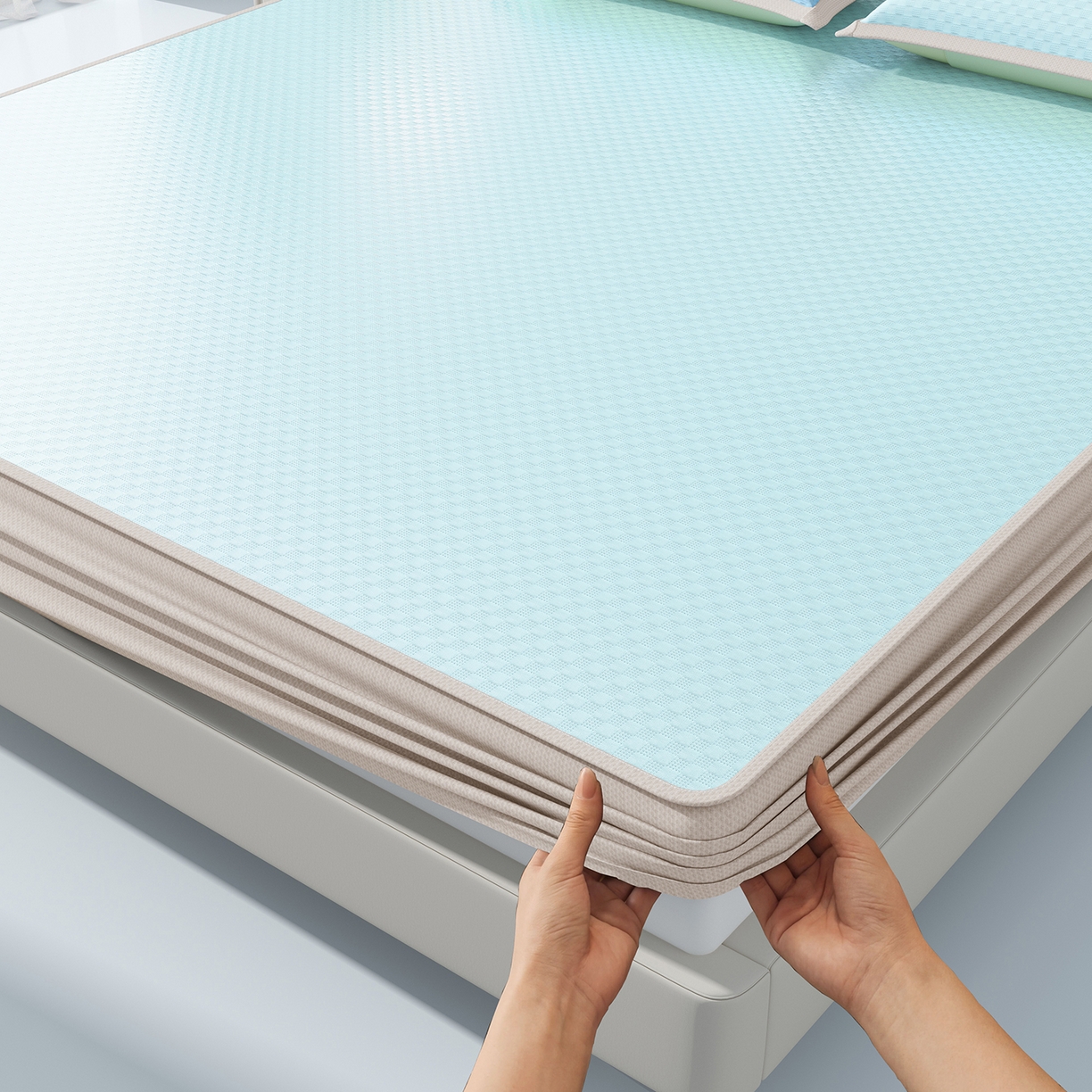 91家纺网 家纺一手货源 找家纺 （总）曼陀罗 2026新款海洋丝凉感冰咖方格凉席-床笠款