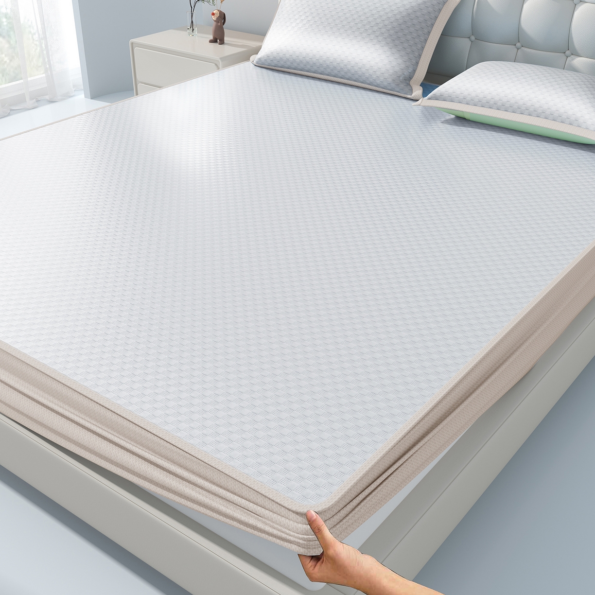 91家纺网 家纺一手货源 找家纺 曼陀罗 2026新款海洋丝凉感冰咖方格凉席-床笠款 冰川灰