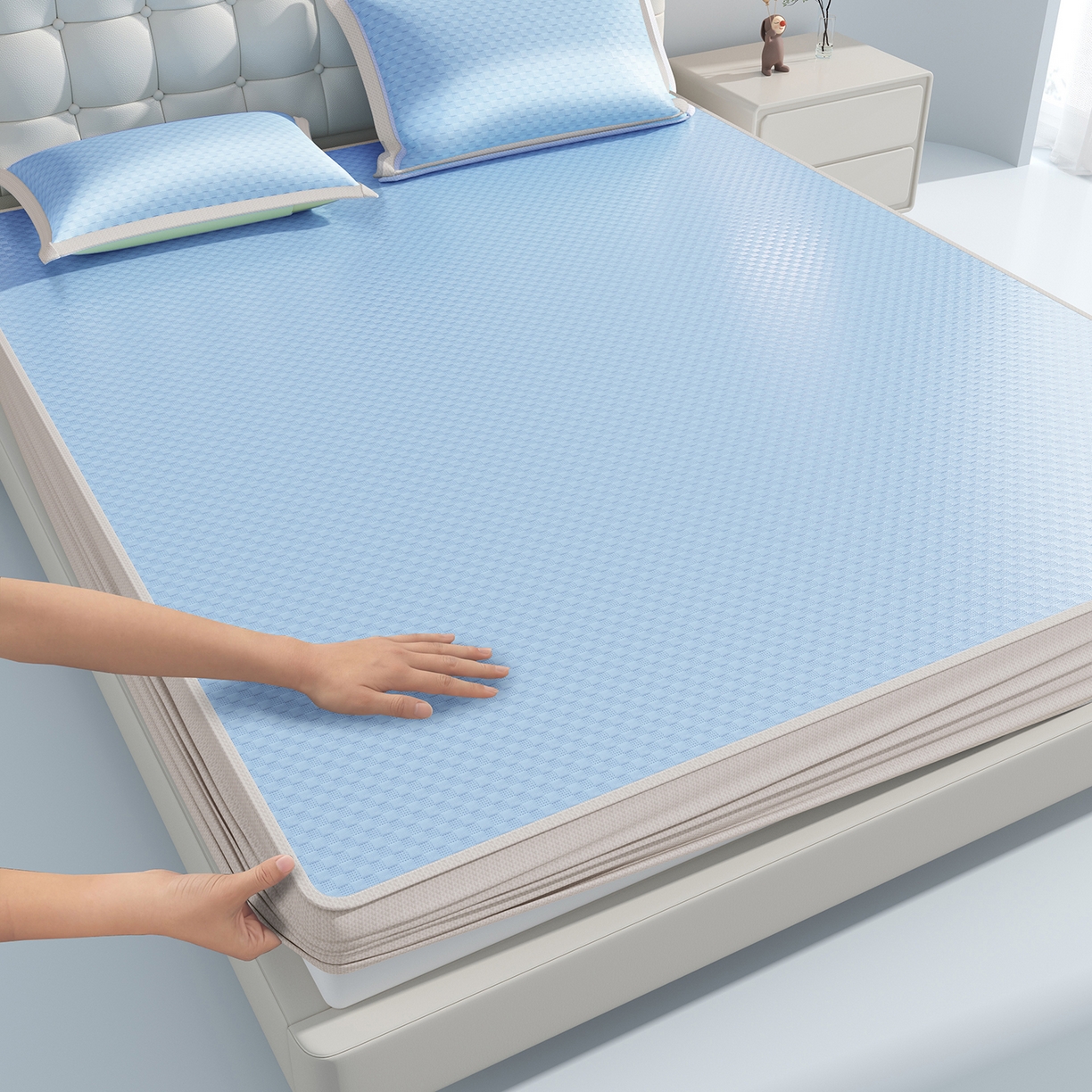 91家纺网 家纺一手货源 找家纺 曼陀罗 2026新款海洋丝凉感冰咖方格凉席-床笠款 海之蓝