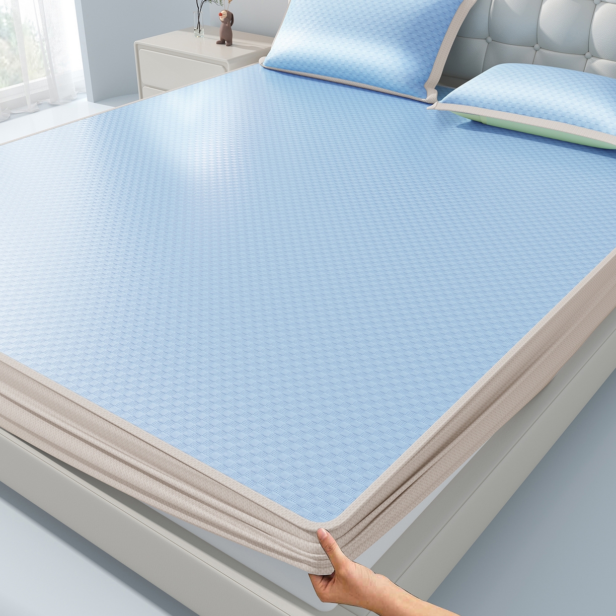 91家纺网 家纺一手货源 找家纺 曼陀罗 2026新款海洋丝凉感冰咖方格凉席-床笠款 海之蓝