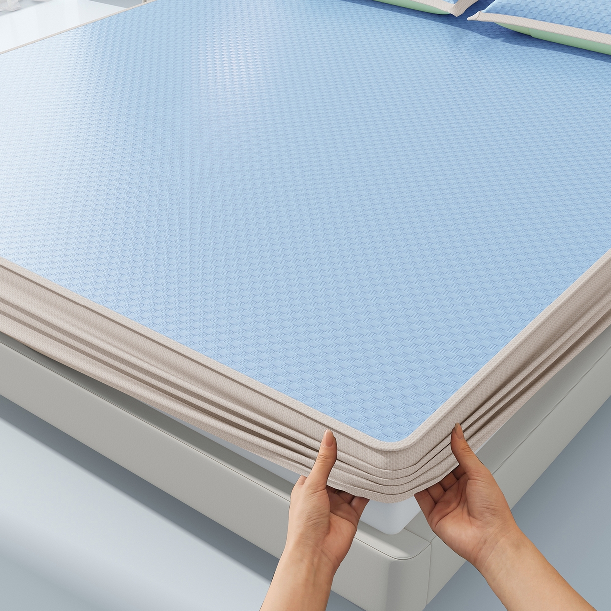 91家纺网 家纺一手货源 找家纺 曼陀罗 2026新款海洋丝凉感冰咖方格凉席-床笠款 海之蓝