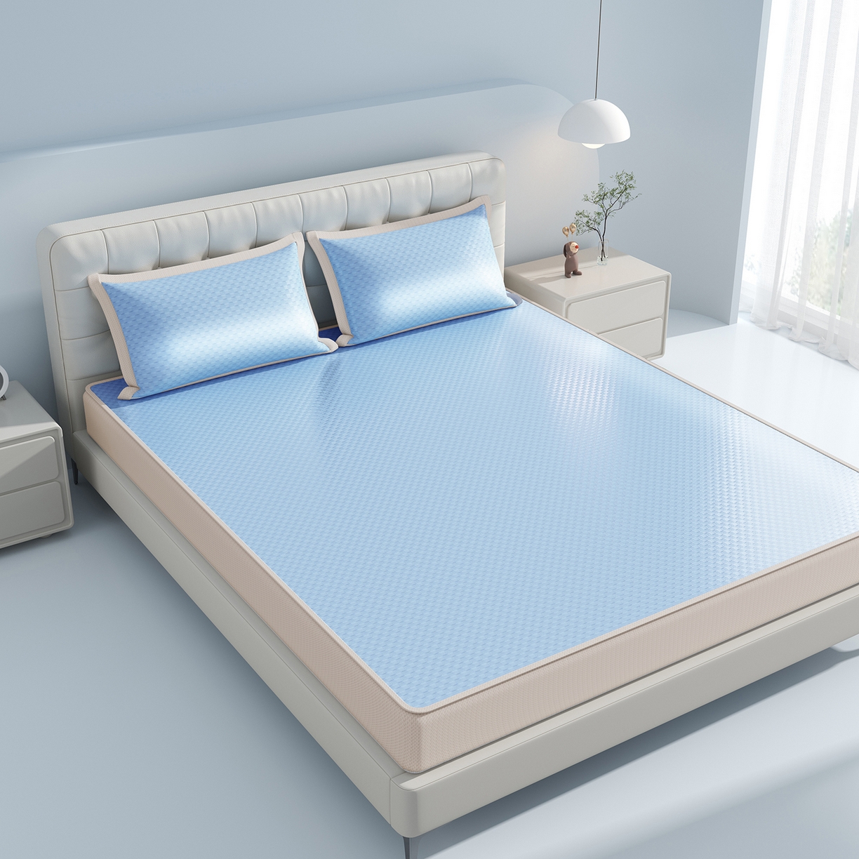 91家纺网 家纺一手货源 找家纺 曼陀罗 2026新款海洋丝凉感冰咖方格凉席-床笠款 海之蓝