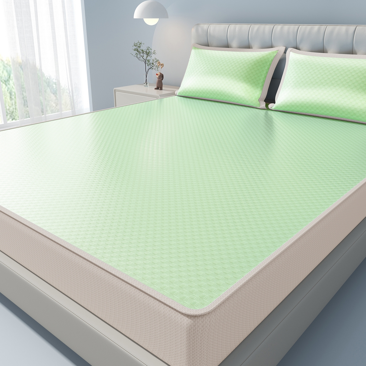 91家纺网 家纺一手货源 找家纺 曼陀罗 2026新款海洋丝凉感冰咖方格凉席-床笠款 草原绿