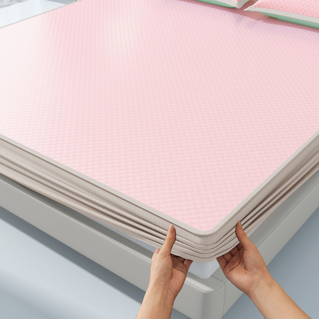 91家纺网 家纺一手货源 找家纺 曼陀罗 2026新款海洋丝凉感冰咖方格凉席-床笠款 粉黛玉