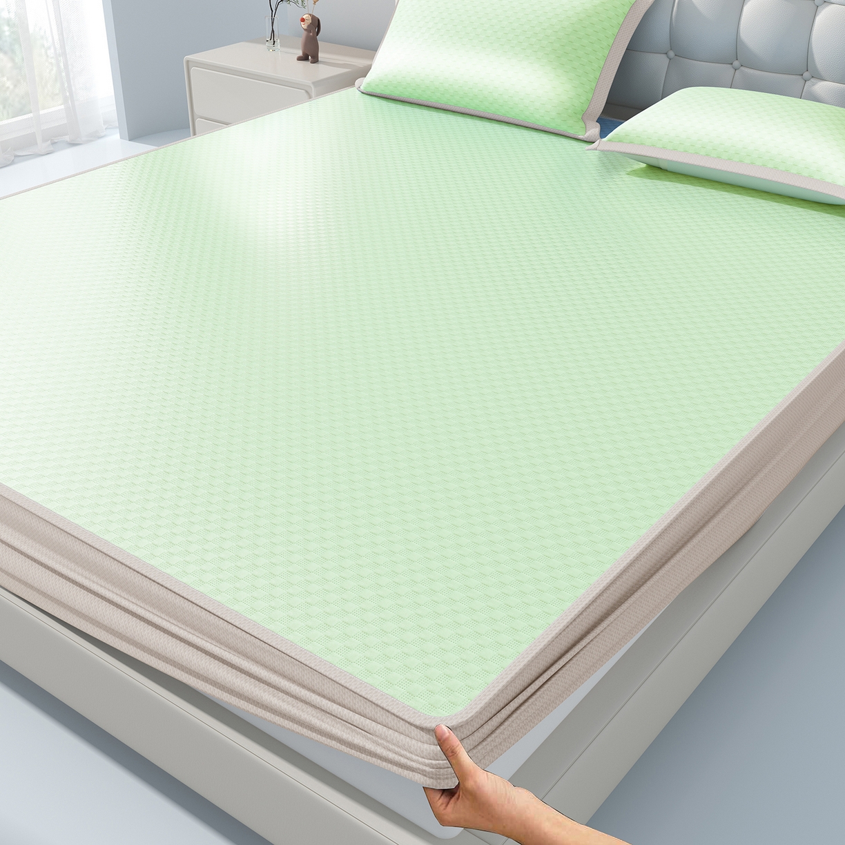 91家纺网 家纺一手货源 找家纺 曼陀罗 2026新款海洋丝凉感冰咖方格凉席-床笠款 草原绿