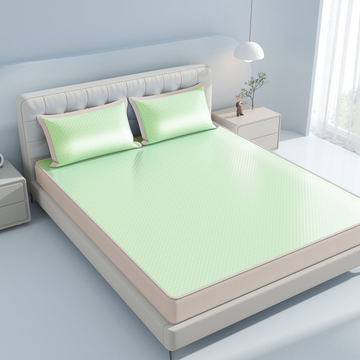 91家纺网 家纺一手货源 找家纺 曼陀罗 2026新款海洋丝凉感冰咖方格凉席-床笠款 草原绿