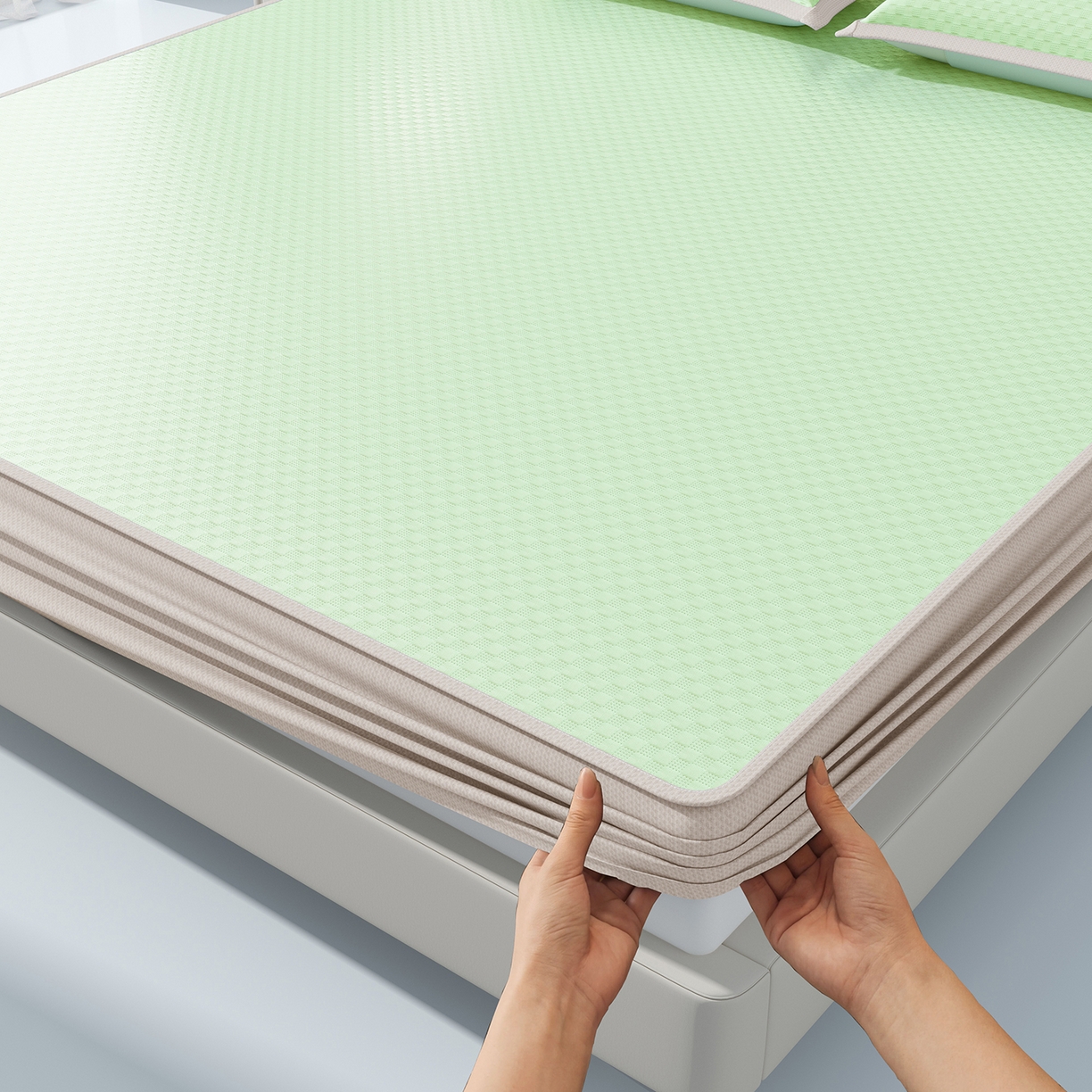 91家纺网 家纺一手货源 找家纺 曼陀罗 2026新款海洋丝凉感冰咖方格凉席-床笠款 草原绿