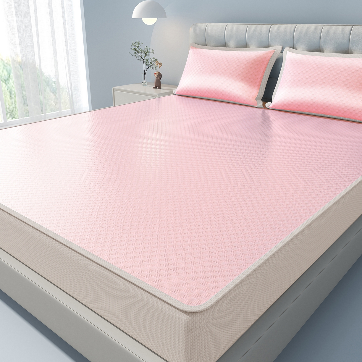 91家纺网 家纺一手货源 找家纺 曼陀罗 2026新款海洋丝凉感冰咖方格凉席-床笠款 粉黛玉