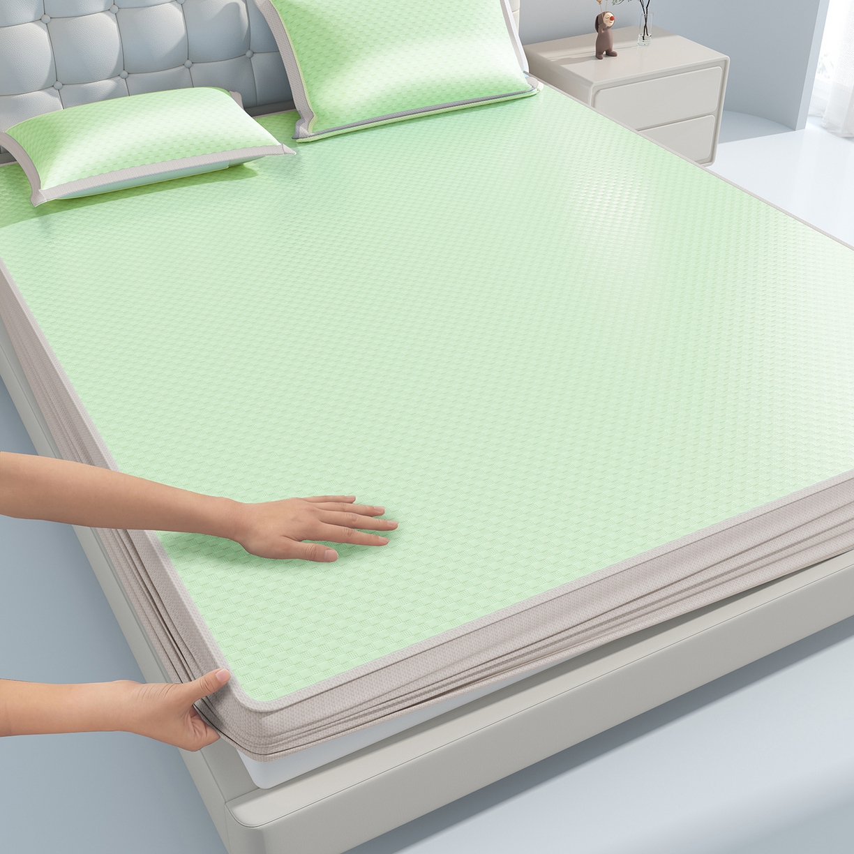 91家纺网 家纺一手货源 找家纺 曼陀罗 2026新款海洋丝凉感冰咖方格凉席-床笠款 草原绿