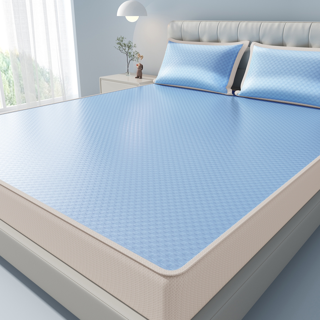 91家纺网 家纺一手货源 找家纺 曼陀罗 2026新款海洋丝凉感冰咖方格凉席-床笠款 海之蓝