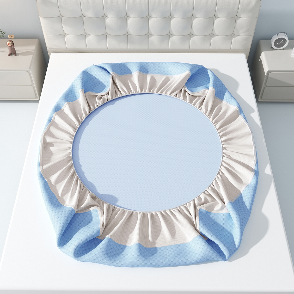 91家纺网 家纺一手货源 找家纺 曼陀罗 2026新款海洋丝凉感冰咖方格凉席-床笠款 海之蓝