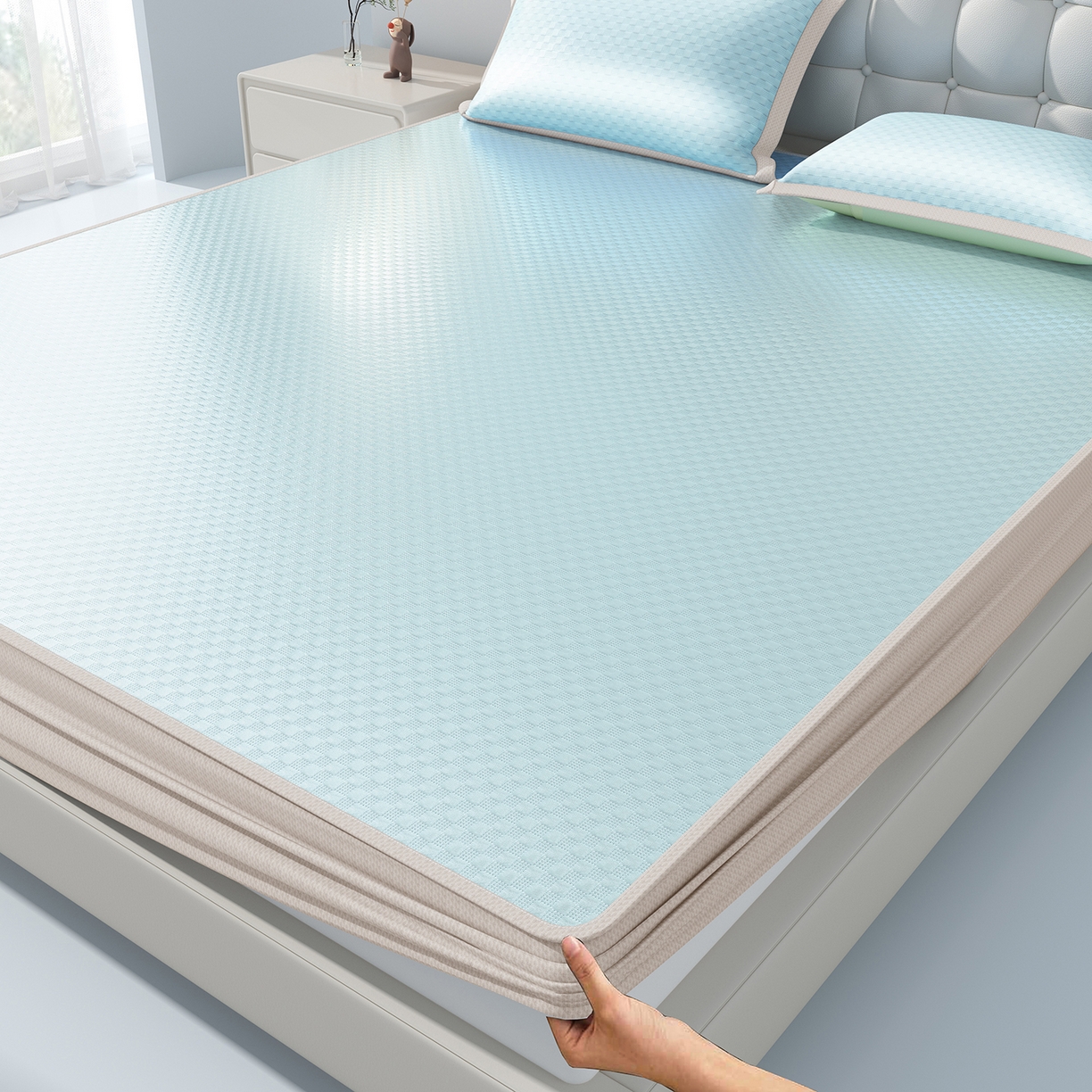 91家纺网 家纺一手货源 找家纺 曼陀罗 2026新款海洋丝凉感冰咖方格凉席-床笠款 天之蓝