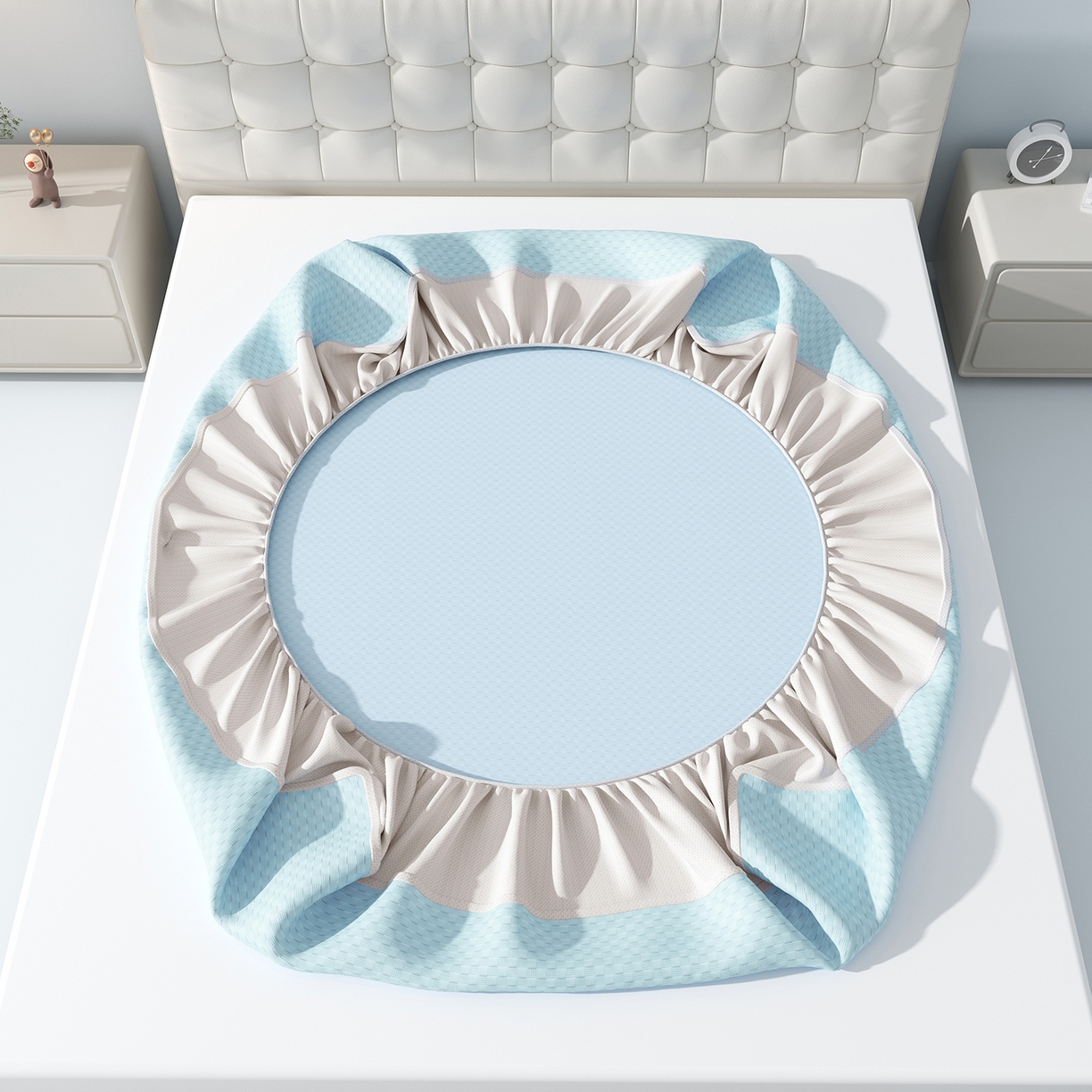 91家纺网 家纺一手货源 找家纺 曼陀罗 2026新款海洋丝凉感冰咖方格凉席-床笠款 天之蓝