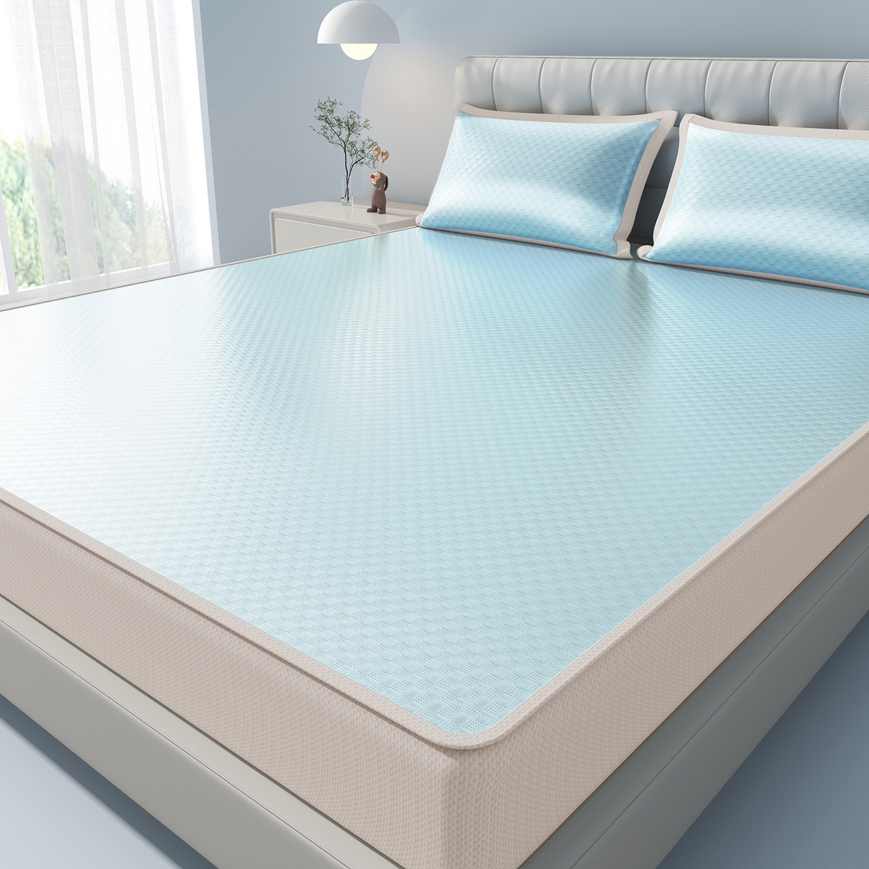 91家纺网 家纺一手货源 找家纺 曼陀罗 2026新款海洋丝凉感冰咖方格凉席-床笠款 天之蓝