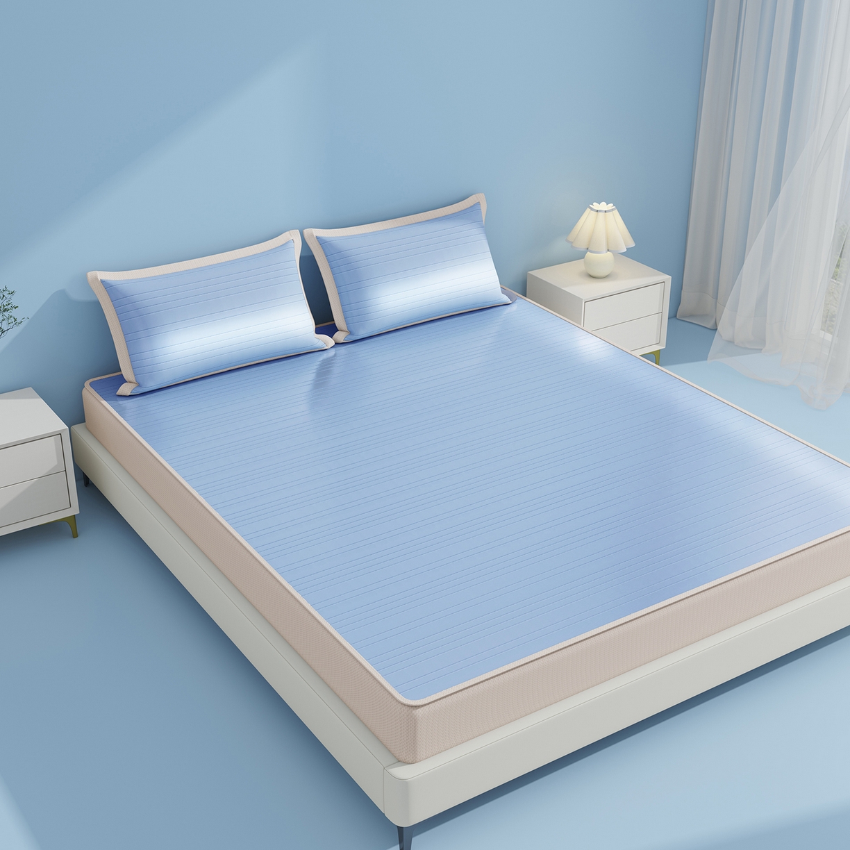 91家纺网 家纺一手货源 找家纺 曼陀罗 2026新款凉感海洋丝冰咖条纹凉席-床笠款 海之蓝