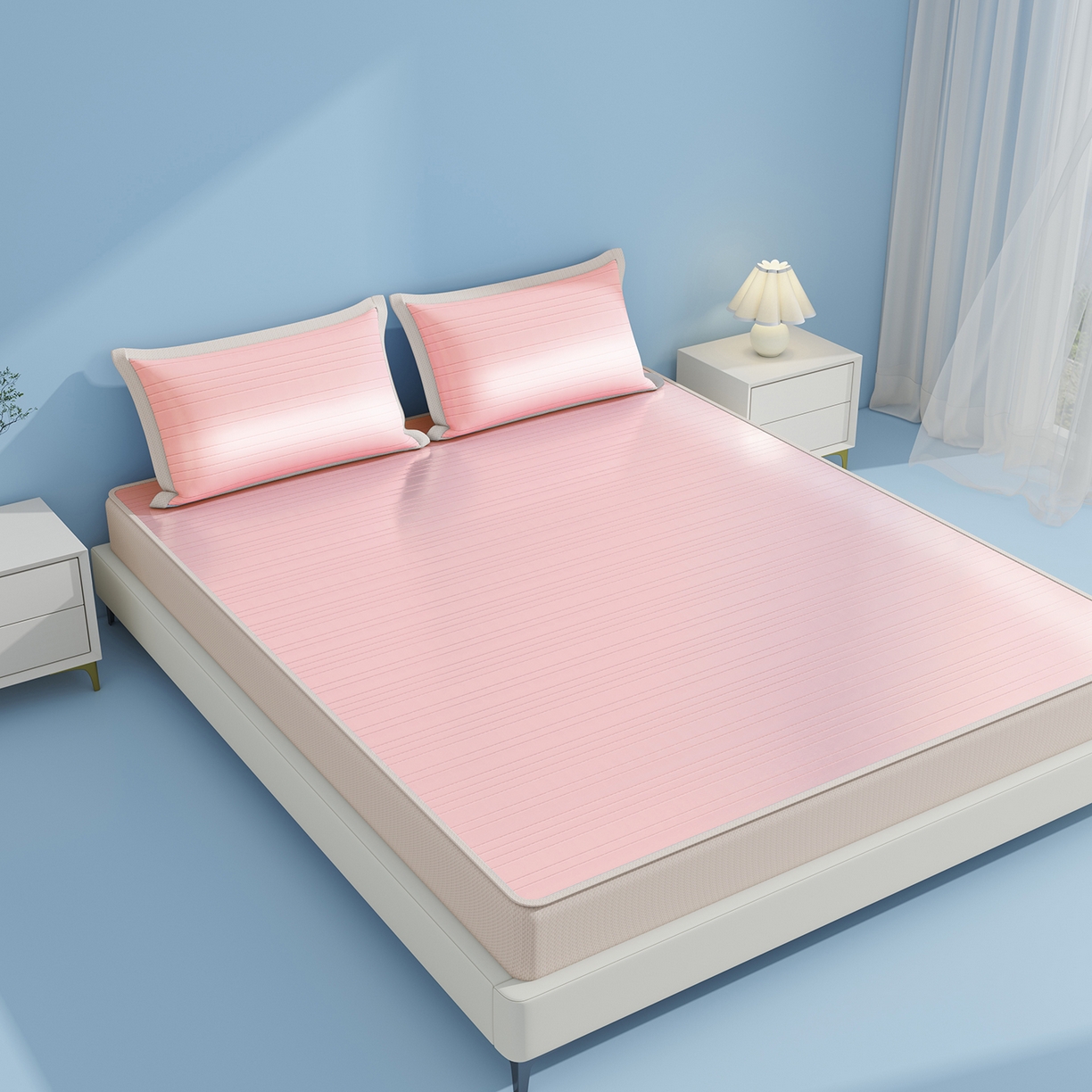 91家纺网 家纺一手货源 找家纺 曼陀罗 2026新款凉感海洋丝冰咖条纹凉席-床笠款 粉黛玉