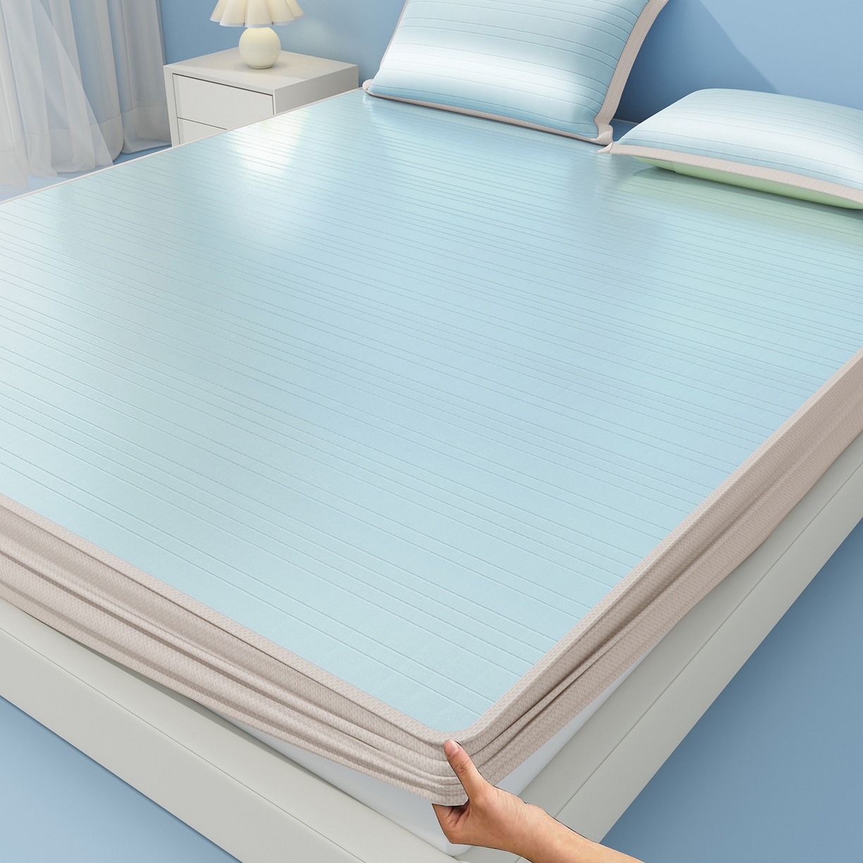 91家纺网 家纺一手货源 找家纺 曼陀罗 2026新款凉感海洋丝冰咖条纹凉席-床笠款 天之蓝