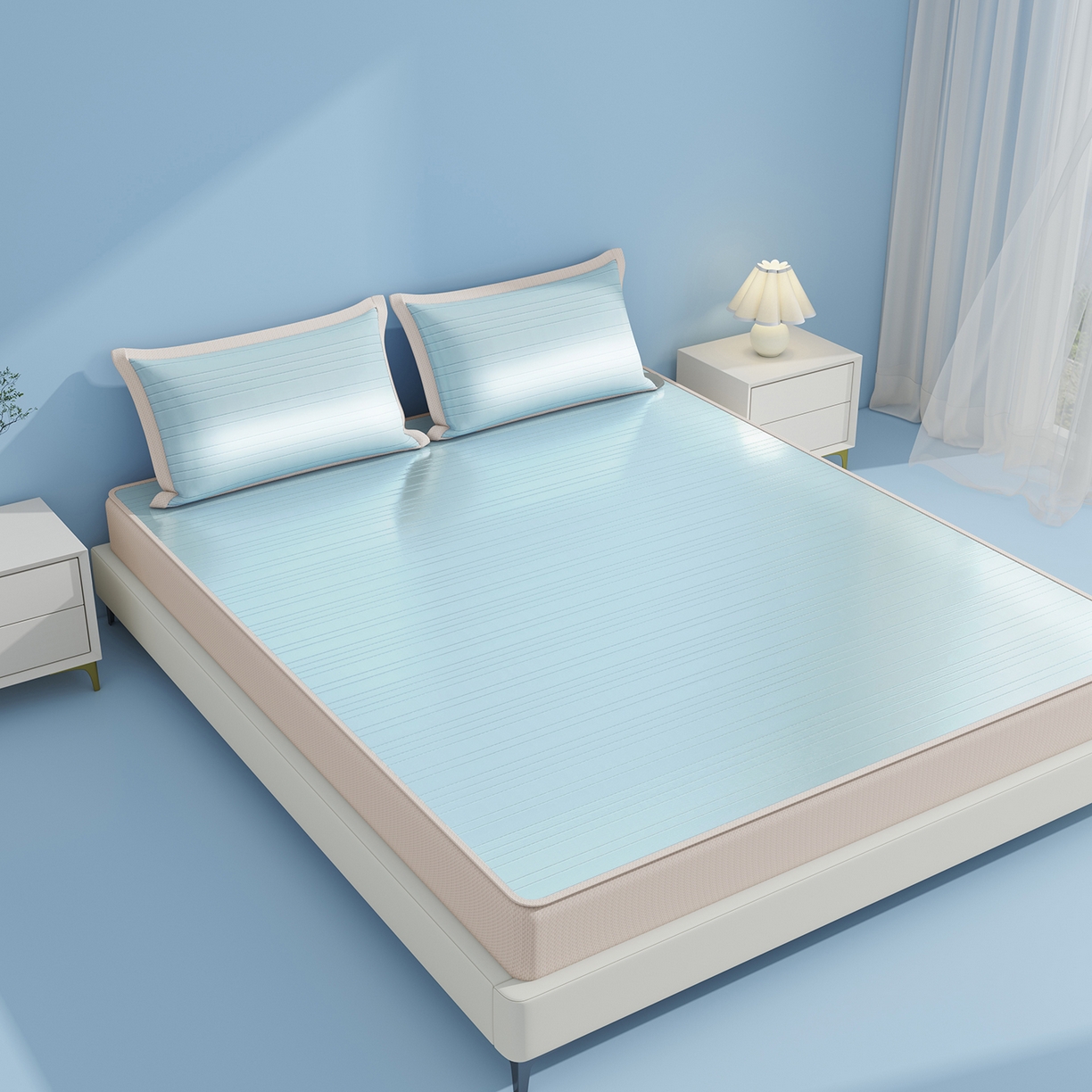 91家纺网 家纺一手货源 找家纺 曼陀罗 2026新款凉感海洋丝冰咖条纹凉席-床笠款 天之蓝