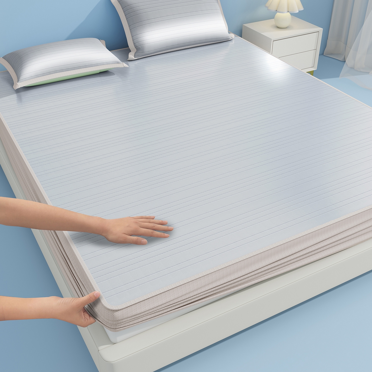 91家纺网 家纺一手货源 找家纺 （总）曼陀罗 2026新款凉感海洋丝冰咖条纹凉席-床笠款