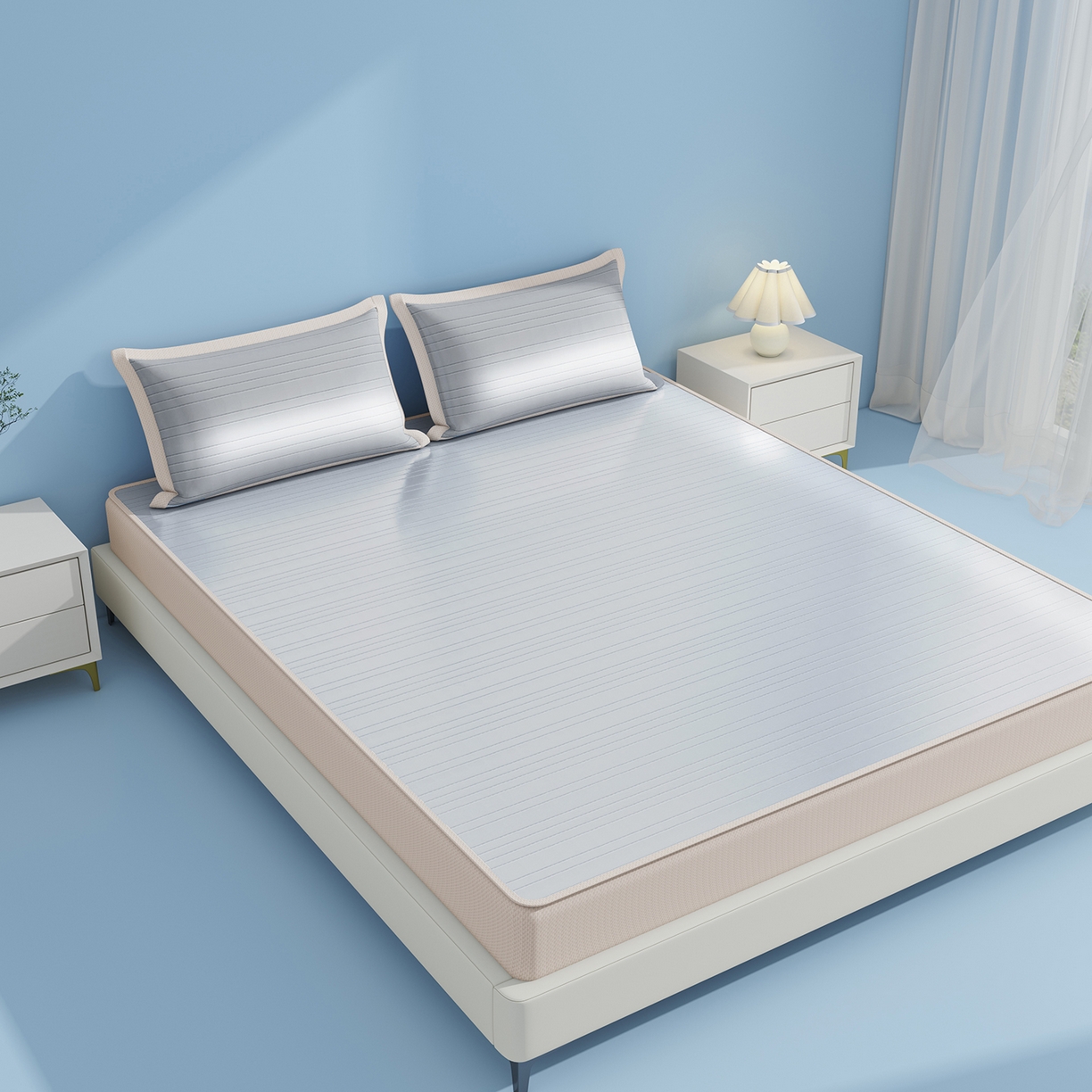 91家纺网 家纺一手货源 找家纺 曼陀罗 2026新款凉感海洋丝冰咖条纹凉席-床笠款 冰川灰