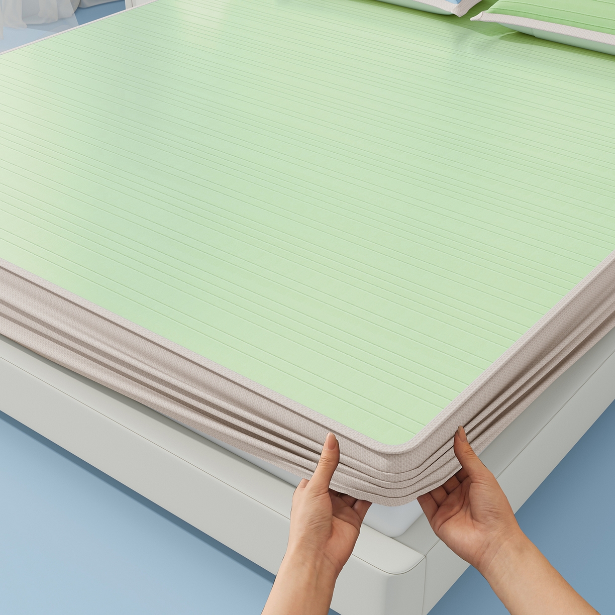 91家纺网 家纺一手货源 找家纺 曼陀罗 2026新款凉感海洋丝冰咖条纹凉席-床笠款 草原绿