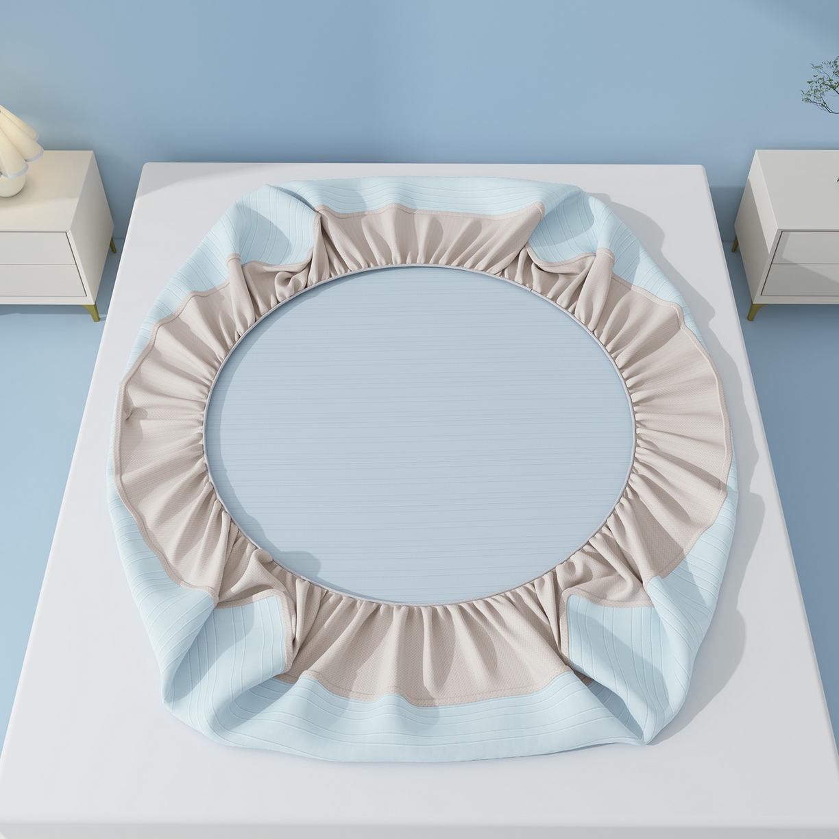 91家纺网 家纺一手货源 找家纺 曼陀罗 2026新款凉感海洋丝冰咖条纹凉席-床笠款 天之蓝