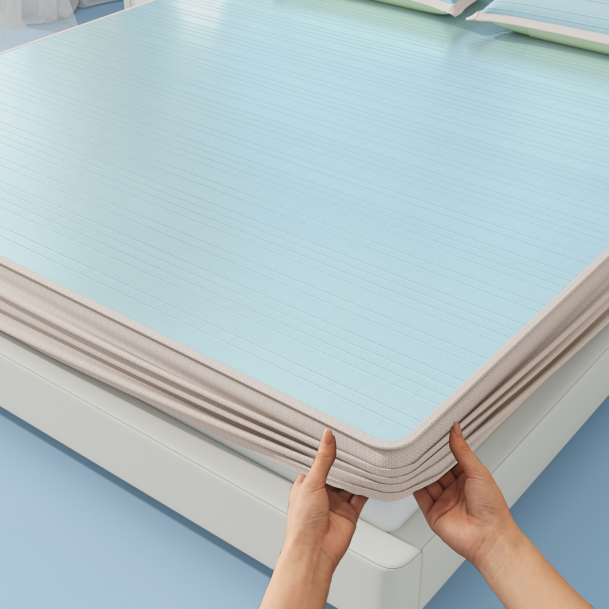 91家纺网 家纺一手货源 找家纺 曼陀罗 2026新款凉感海洋丝冰咖条纹凉席-床笠款 天之蓝