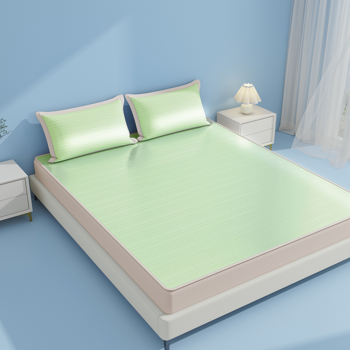 91家纺网 家纺一手货源 找家纺 曼陀罗 2026新款凉感海洋丝冰咖条纹凉席-床笠款 草原绿