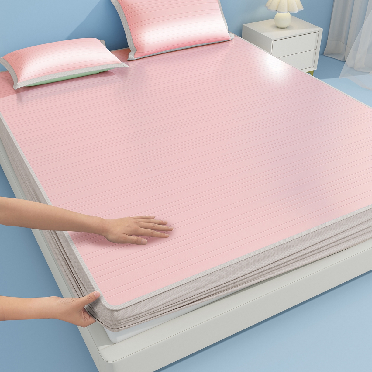 91家纺网 家纺一手货源 找家纺 曼陀罗 2026新款凉感海洋丝冰咖条纹凉席-床笠款 粉黛玉