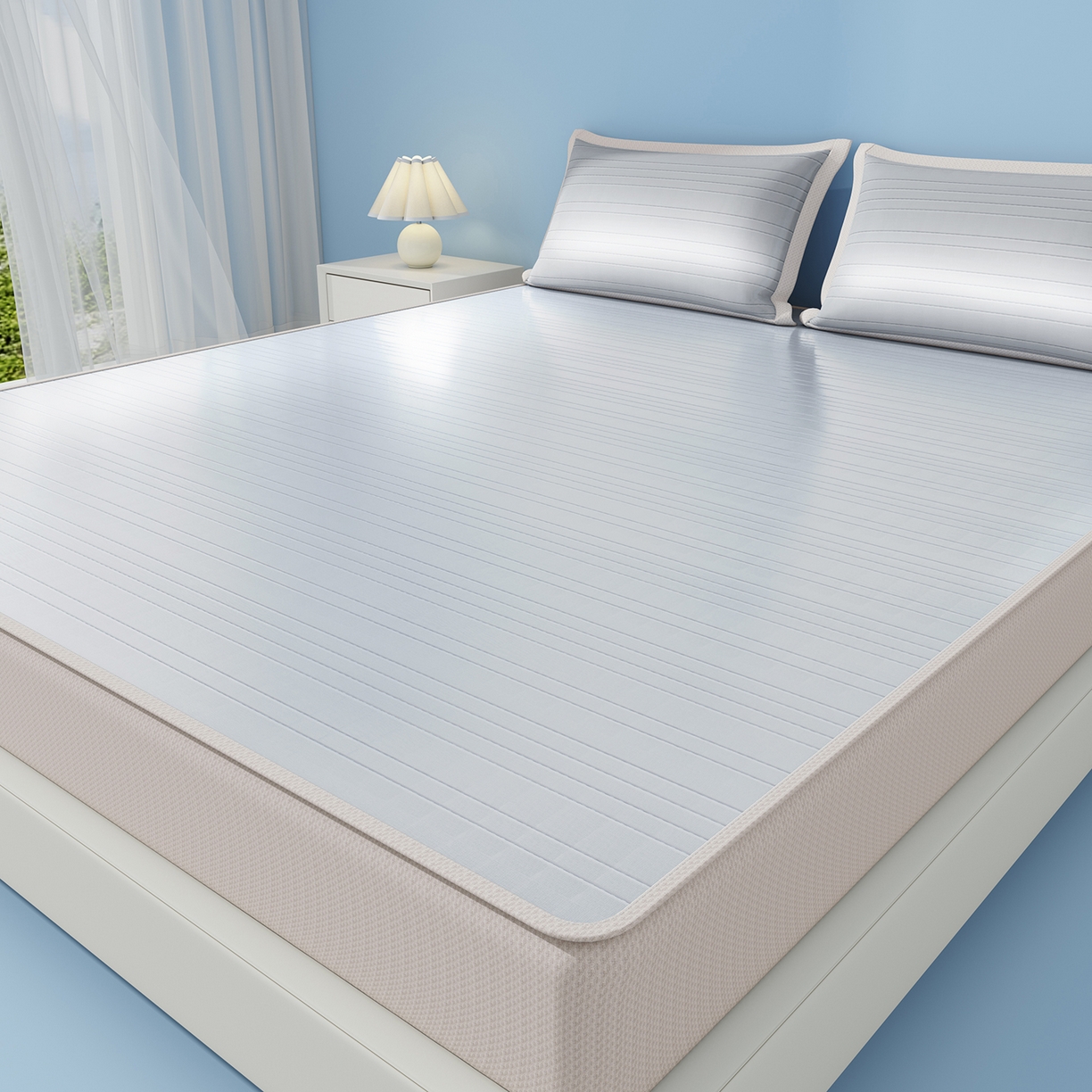 91家纺网 家纺一手货源 找家纺 曼陀罗 2026新款凉感海洋丝冰咖条纹凉席-床笠款 冰川灰