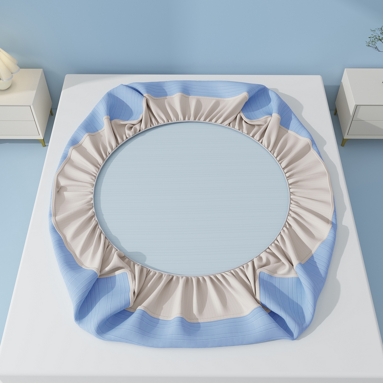 91家纺网 家纺一手货源 找家纺 曼陀罗 2026新款凉感海洋丝冰咖条纹凉席-床笠款 海之蓝