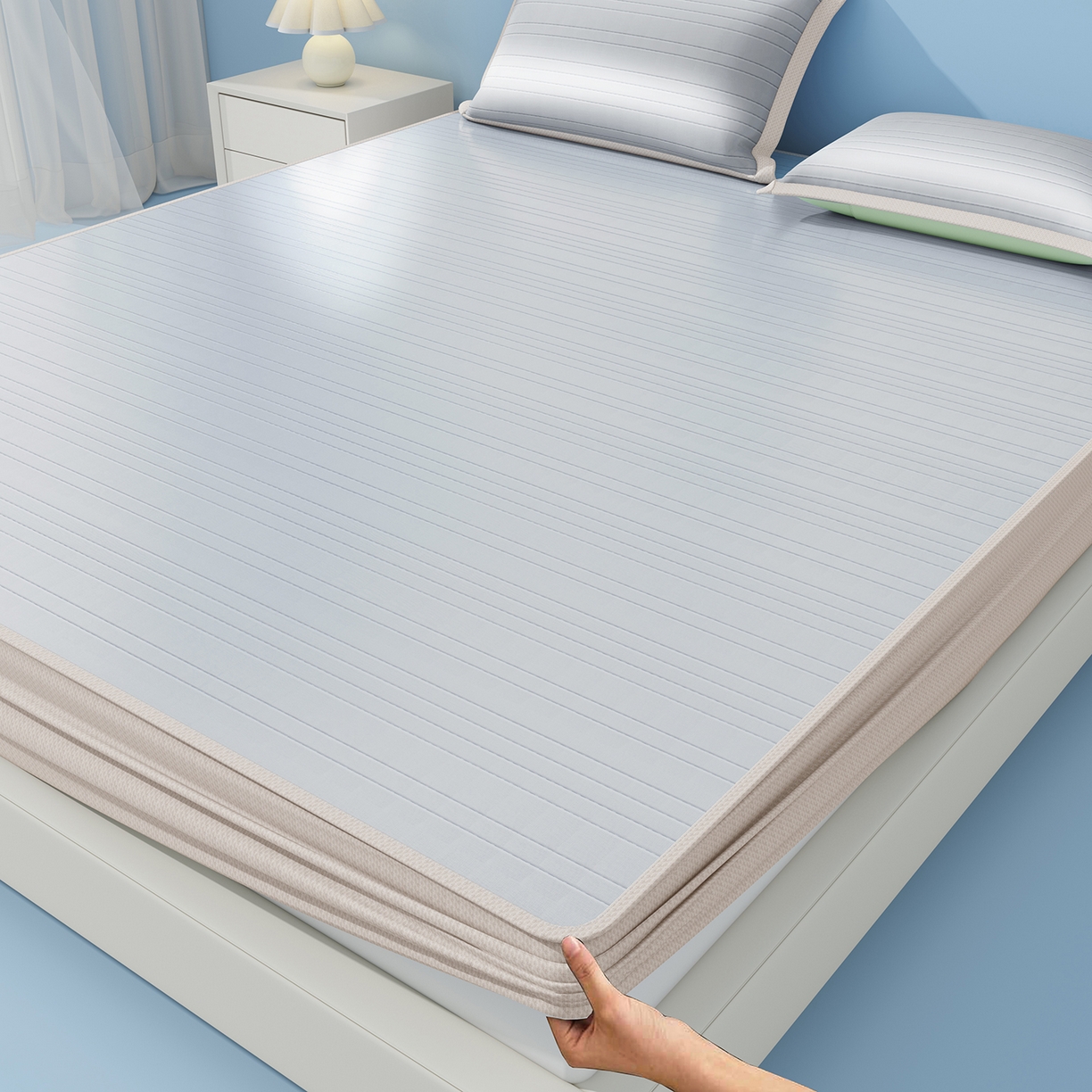 91家纺网 家纺一手货源 找家纺 （总）曼陀罗 2026新款凉感海洋丝冰咖条纹凉席-床笠款