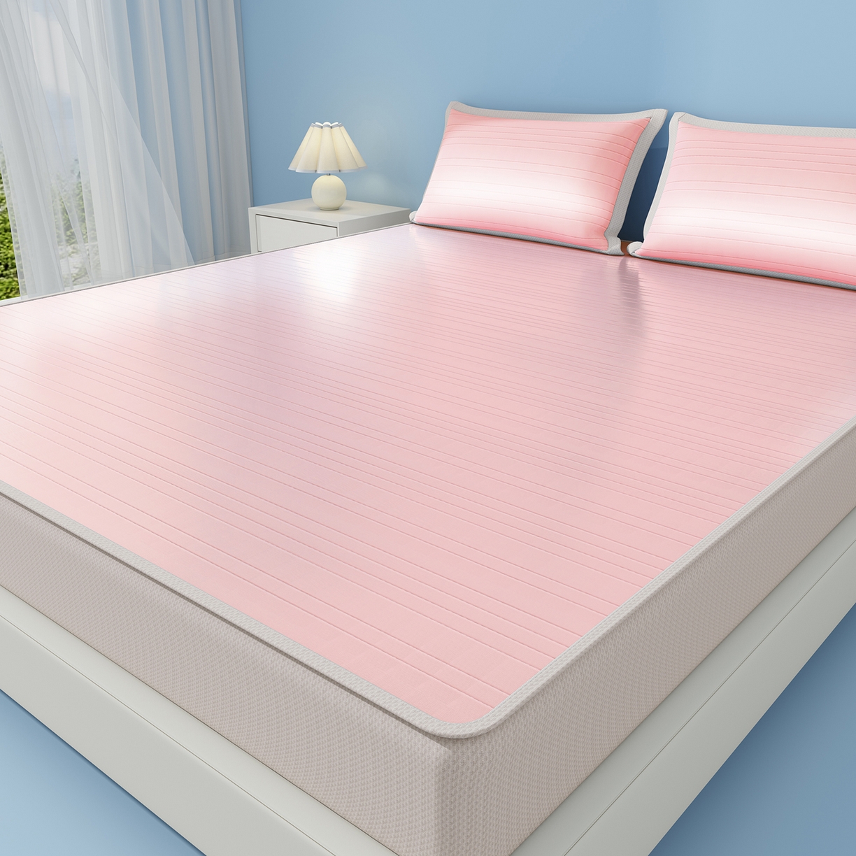 91家纺网 家纺一手货源 找家纺 曼陀罗 2026新款凉感海洋丝冰咖条纹凉席-床笠款 粉黛玉