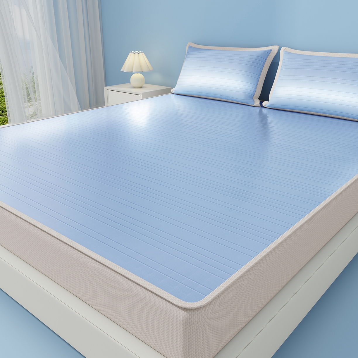 91家纺网 家纺一手货源 找家纺 曼陀罗 2026新款凉感海洋丝冰咖条纹凉席-床笠款 海之蓝